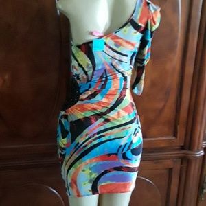 Bodycon one shoulder cutout patchwork multi colored silky sexy dress